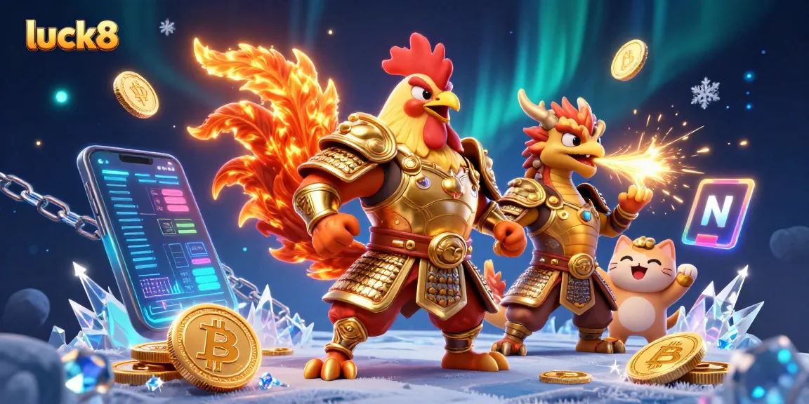 Experience luck8's thrilling gaming world with a dynamic scene of a fighting rooster and dragon amidst sparkling crypto elements.
