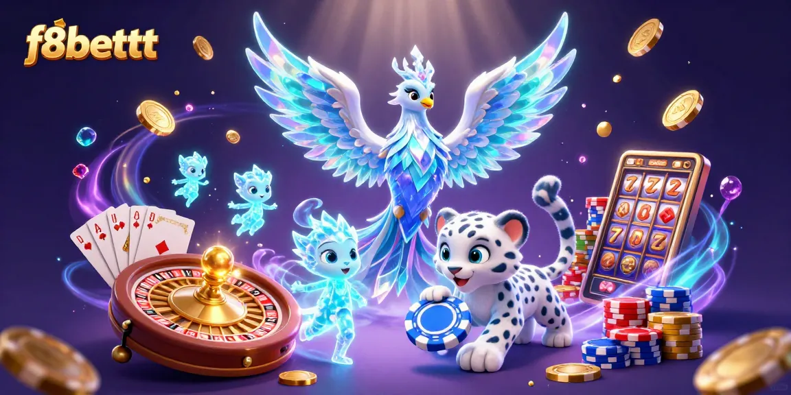 Engage with f8bettt as a mesmerizing 3D illustration features a phoenix, snow leopard cub, and glowing sprites surrounded by casino elements.
