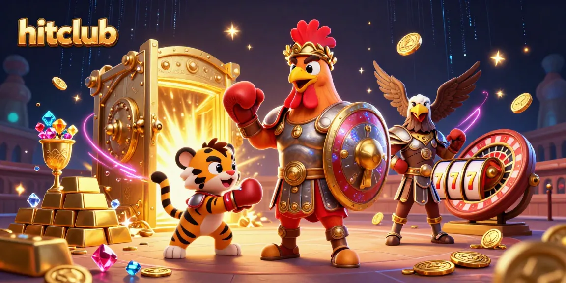 Experience the thrill of hitclub with the gladiator rooster amidst casino treasures.