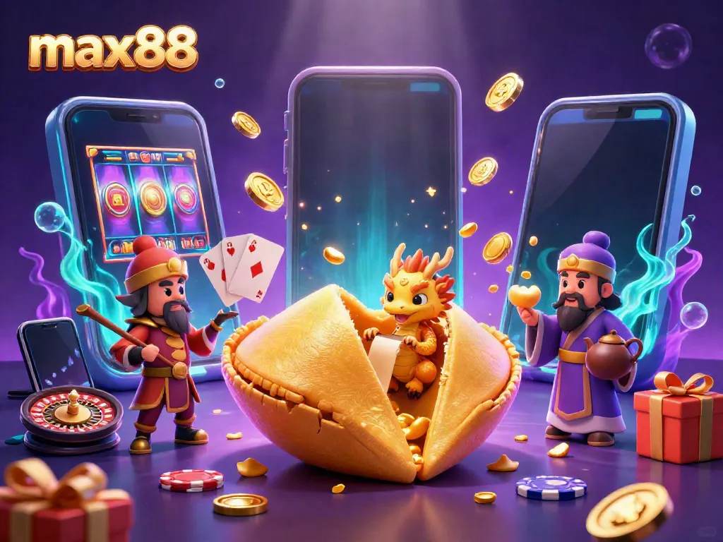 Engage with max88's thrilling gaming scene featuring a giant fortune cookie and magical dragon amidst a flurry of casino elements.