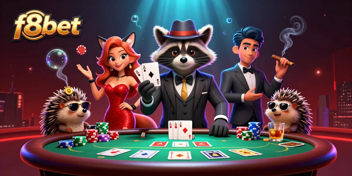 Experience exciting gameplay at f8bet with a charming raccoon and fox at the poker table.