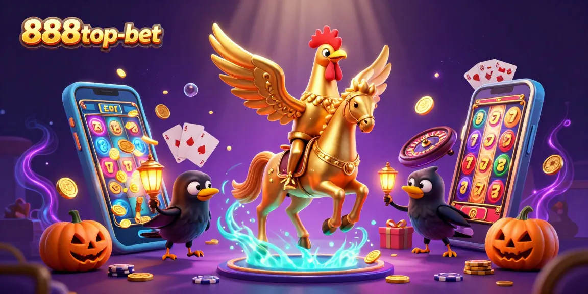 Engage with 888top-bet's vibrant casino scene featuring a golden rooster on a spectral horse.