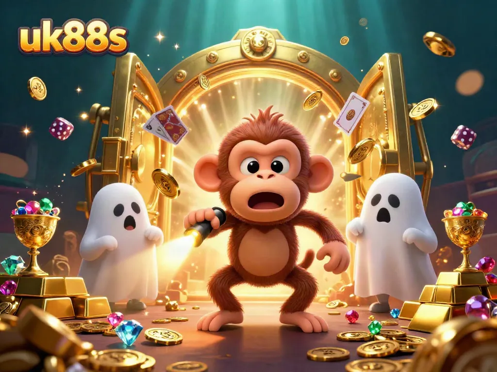 Witness the uk88s excitement as a mischievous monkey juggles casino riches in this playful haunted scene.