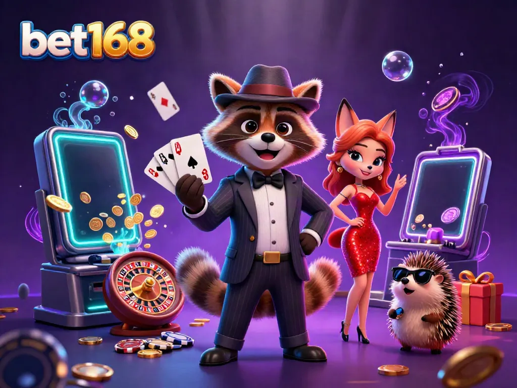 Experience thrilling gaming excitement at bet168 with suave characters and vibrant casino elements.