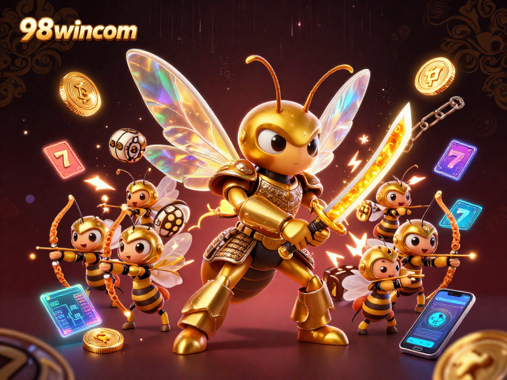 Engage with 98wincom’s vibrant casino scene featuring a golden hornet samurai and dynamic slot elements.