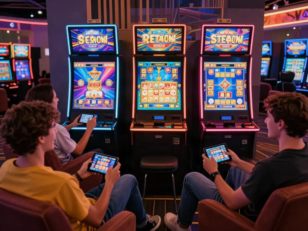 Exciting gaming experience at ROKOK88 showcasing popular slot machines and players engaged in discovering game patterns.