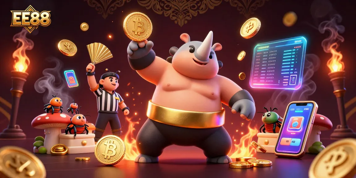 Experience the excitement of EE88 with a dynamic illustration showcasing the bustling world of online gambling and cryptocurrency.