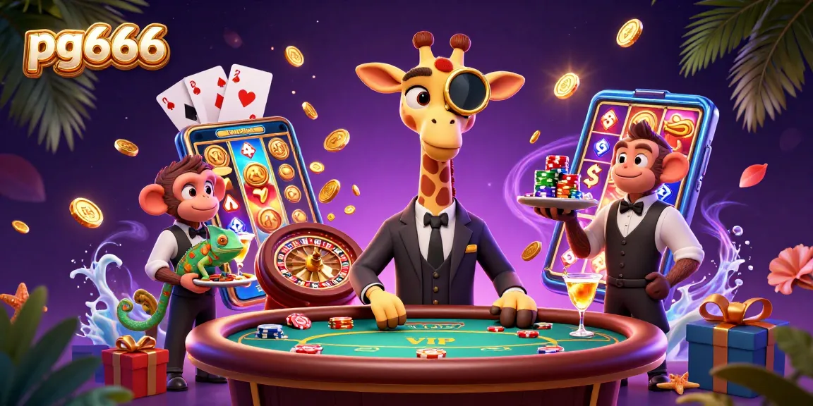 Experience the excitement of pg666 with a vibrant casino scene featuring a giraffe, monkey, and chameleon.