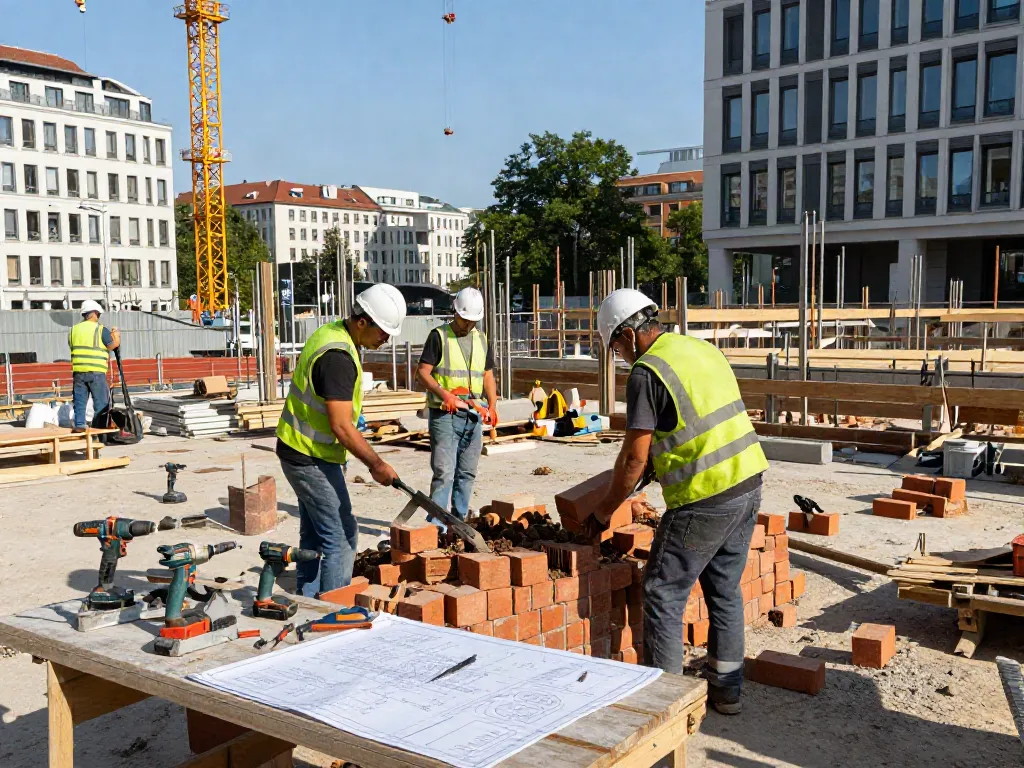 Bauunternehmen Wien - Aktive Baustelle mit Arbeitern und moderner Architektur in Wien