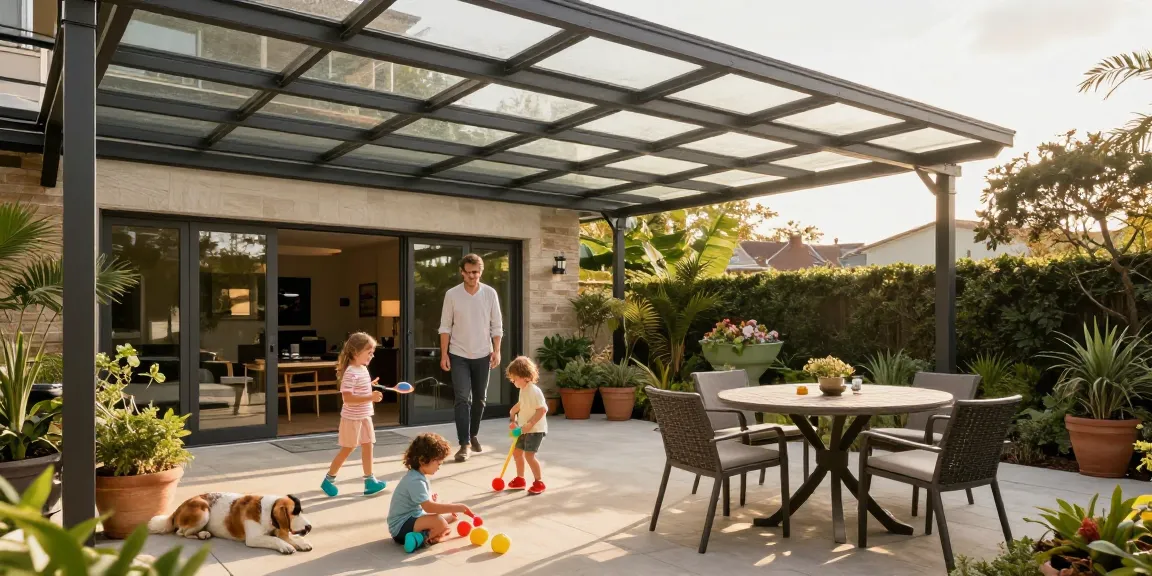 Terrassenüberdachung aus Aluminium mit Glas, Familie genießt sonnigen Nachmittag auf der Terrasse, einladende Außenatmosphäre.