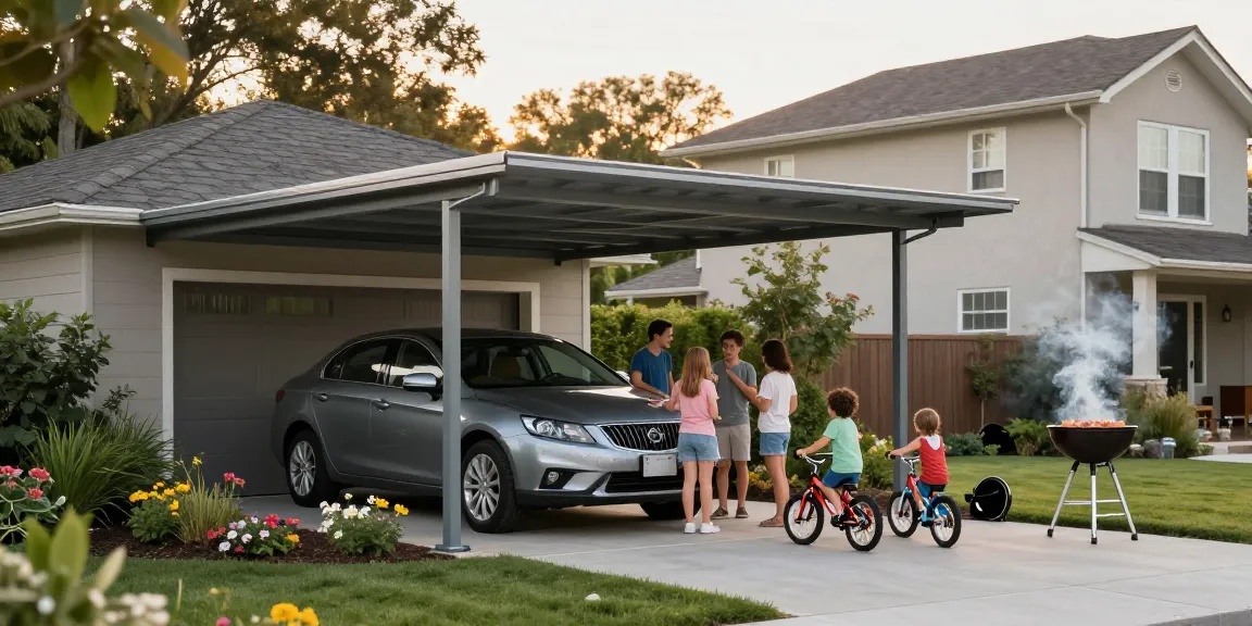 Moderne Carport-Installation schützt Fahrzeuge und bietet Familienfreizeit im Freien.