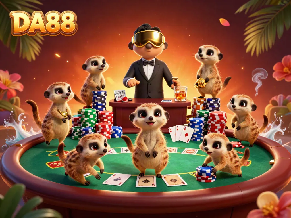 Experience the excitement of DA88 with meerkats leading a vibrant casino scene full of action and fun.