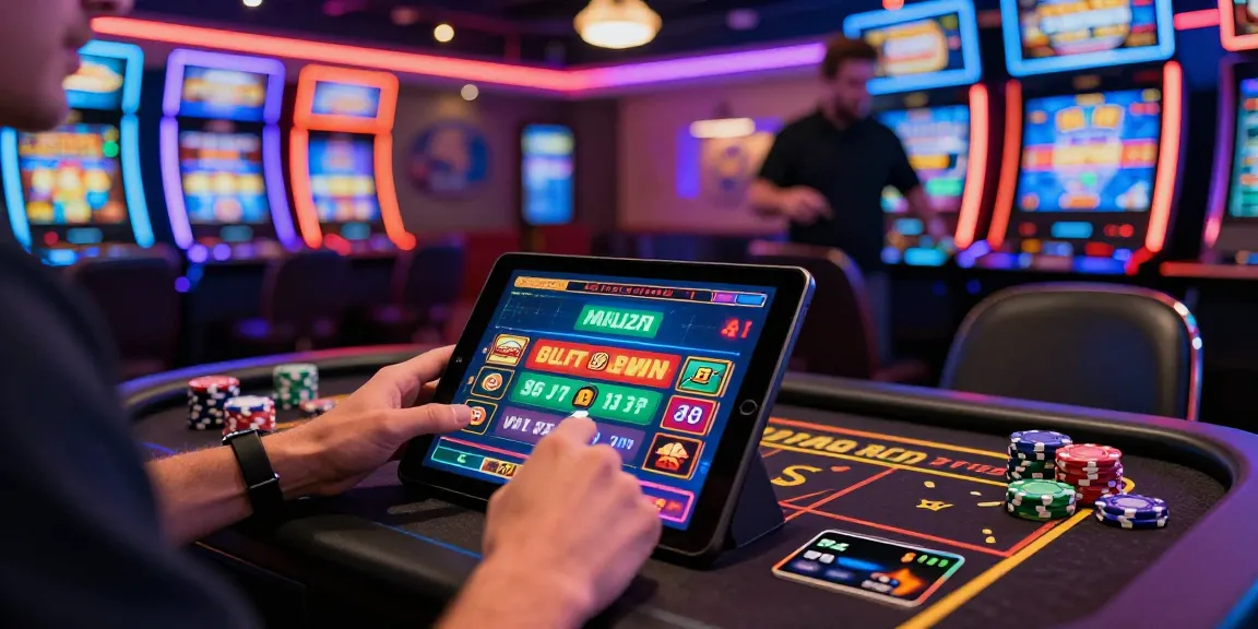 Spieler, der an digitalen Spielen in einem Paysafe Card Casino teilnimmt, mit Neonlichtern und einer lebhaften Atmosphäre.