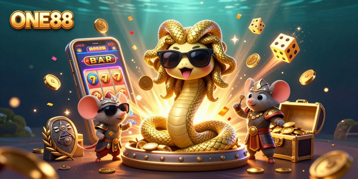 Enjoy thrilling wins at ONE88 with a colorful 3D casino-themed illustration featuring fun characters.