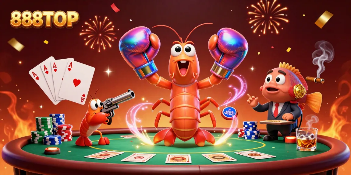 Experience the excitement of 888TOP with a vibrant casino scene featuring a mantis shrimp in boxing gloves playing poker.