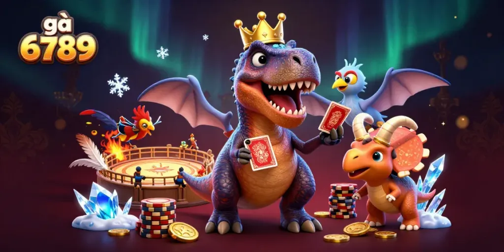 Engage in thrilling battles with gà 6789, featuring a cute T-Rex and friends in a vibrant gambling scene.