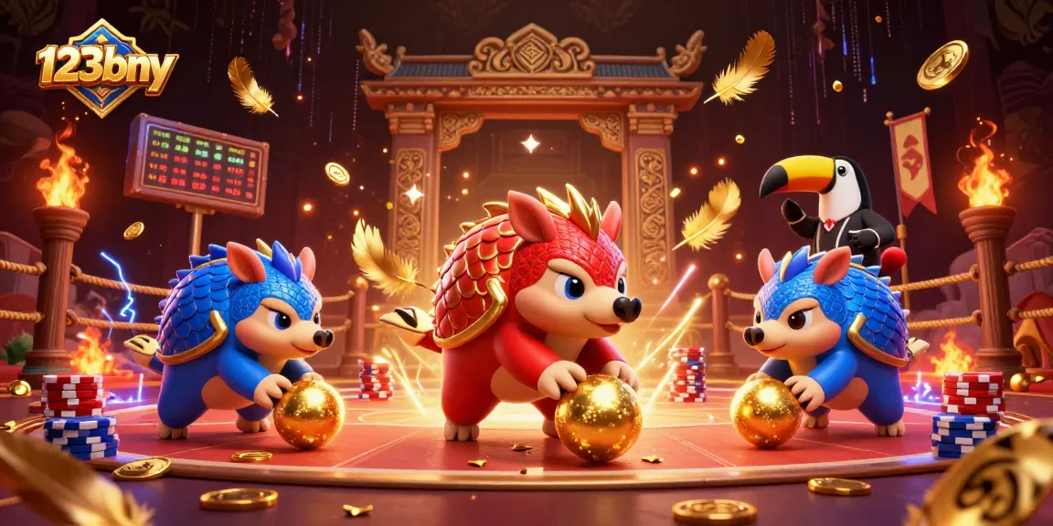 Engage with 123bny's vibrant casino world through dynamic pangolins in a thrilling gaming scene.