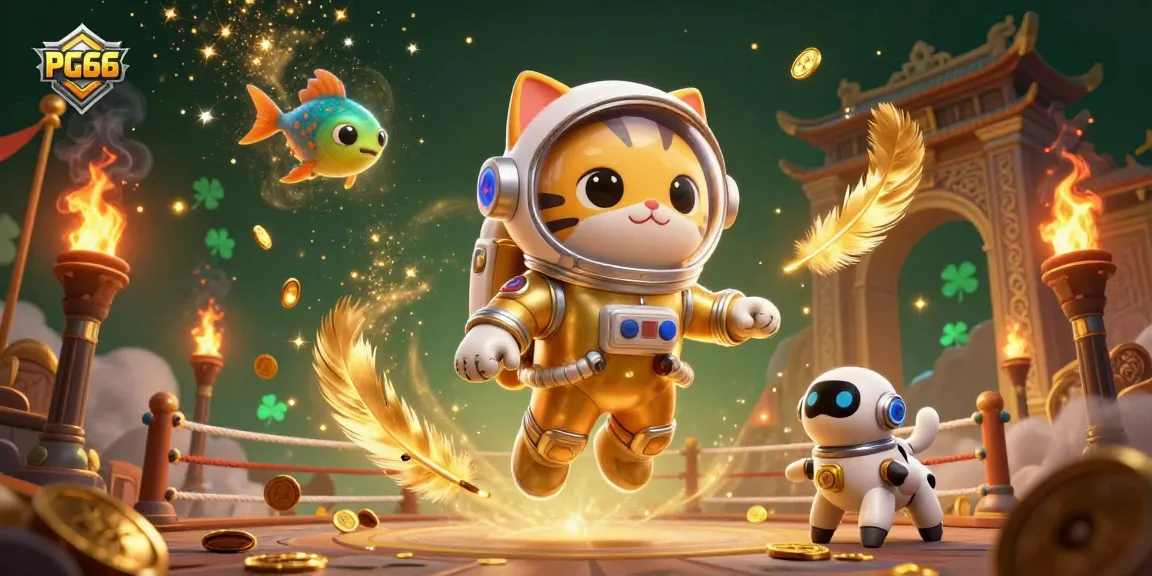 Engage with PG66's vibrant gaming world through this dynamic 3D illustration, featuring an astronaut cat and a robot dog in a golden-themed casino.