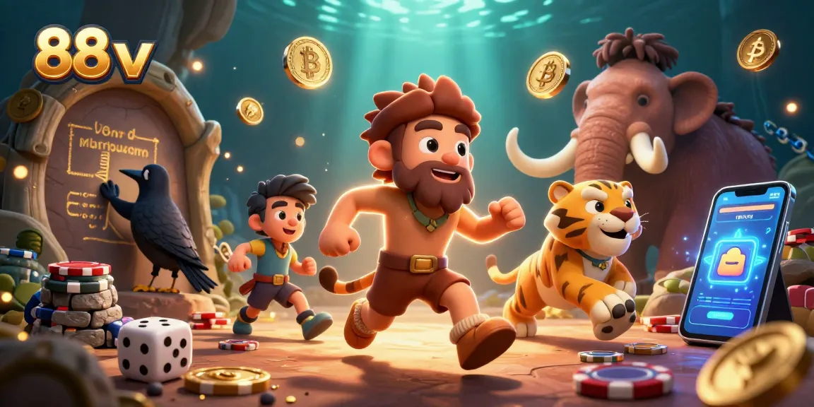 Engage with 88vv's vibrant prehistoric casino scene featuring unique characters and crypto elements.