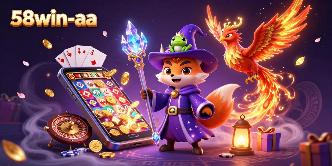 Experience thrilling games at 58win-aa with a mystical wizard fox, phoenix, and casino elements.