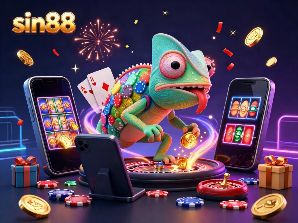 Experience thrilling action at sin88 with a vibrant chameleon casino owner amid spinning reels and golden coins.