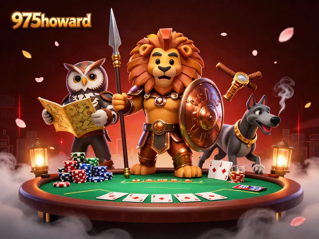 Engage in thrilling poker action at 975howard, with a lion champion and strategic owl guiding the gameplay.