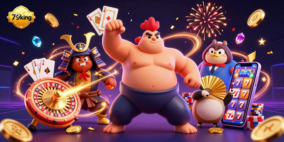 Engage in thrilling casino fun with 79king as powerful characters celebrate amidst sparkling coins and roulette.