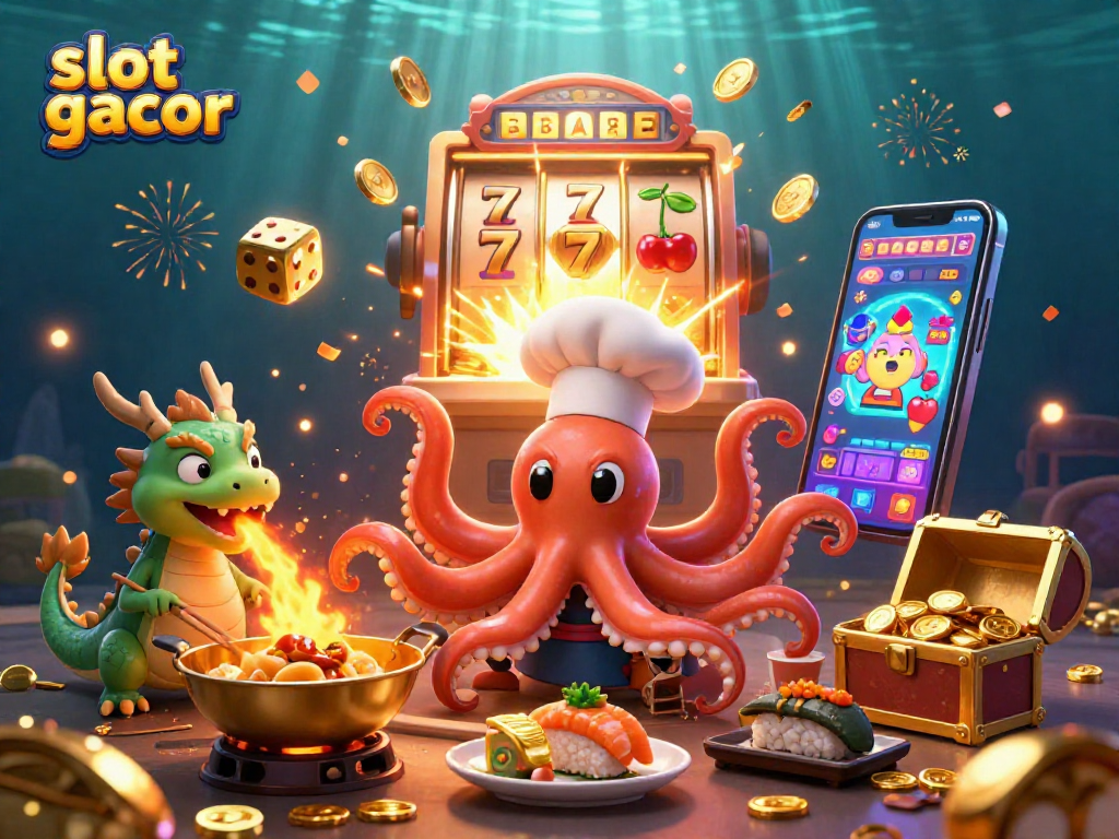 Experience thrilling gameplay with slot gacor, featuring a dynamic scene of exciting cartoon characters and casino elements.