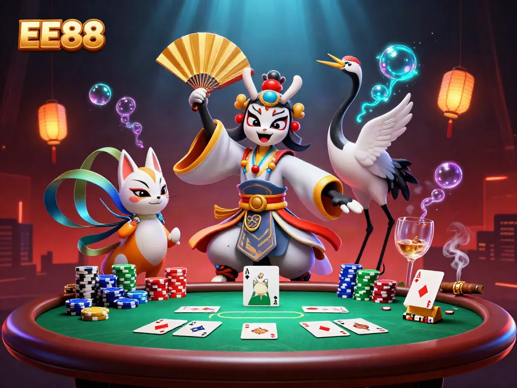 Play poker at EE88 with exciting characters amidst towering chips and vibrant effects.