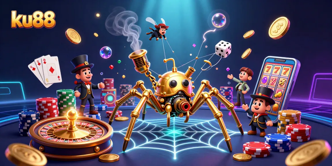 Experience excitement at ku88 with a dynamic 3D casino scene, showcasing a steampunk spider, games, and gold.