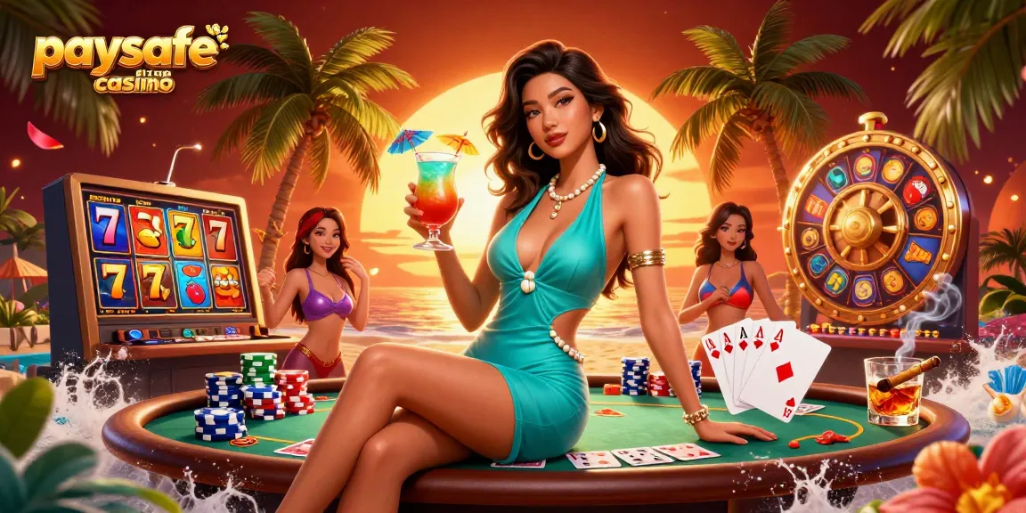 Erleben Sie die lebendige Action in einem Paysafe Card Casino mit pulsierenden Spielautomaten, glamourösen Charakteren und einer tropischen Atmosphäre.