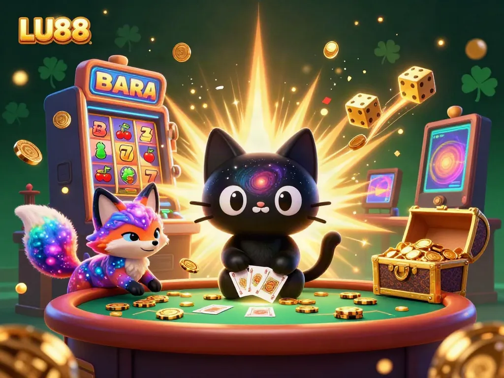 LU88 cat and nebula fox charm a dynamic casino scene with golden chips and energetic game symbols.