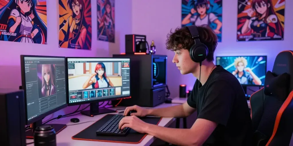 Engaging in a lively porn chat with colorful room decor and gaming gear.