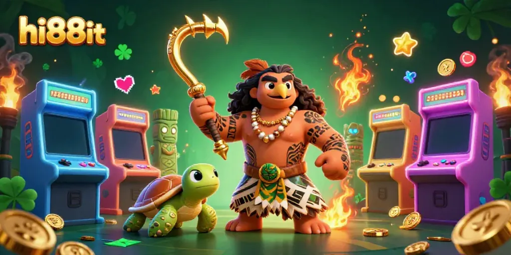 Engage with hi88it while enjoying vibrant 3D casino adventures featuring a demigod and cheerful turtle.
