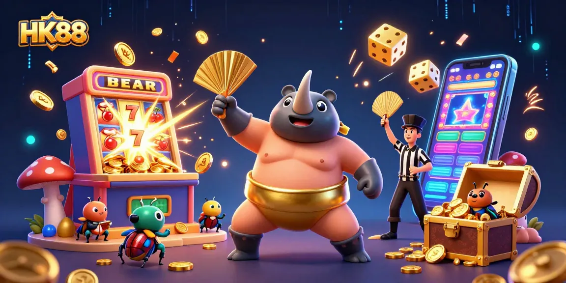HK88 slot champions celebrating with golden coins flying from a dynamic gaming scene