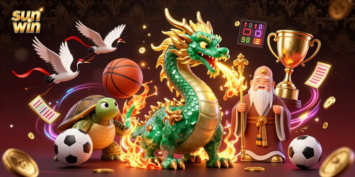 Experience the thrill of sun win with a vibrant 3D illustration showcasing dynamic gaming elements and lucky symbols.