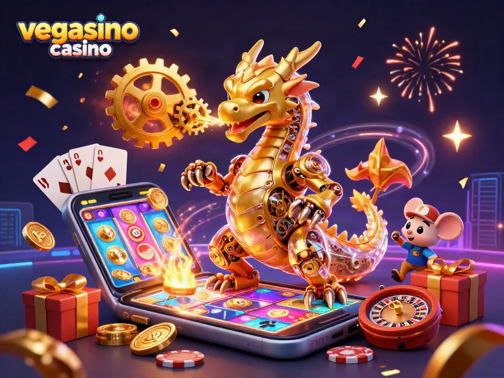 Experience the excitement of vegasino casino with a captivating 3D illustration of a golden dragon and vibrant gaming elements.