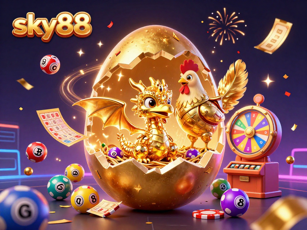sky88 showcases a vibrant scene with a golden baby dragon, poker chips, and dynamic gambling elements.