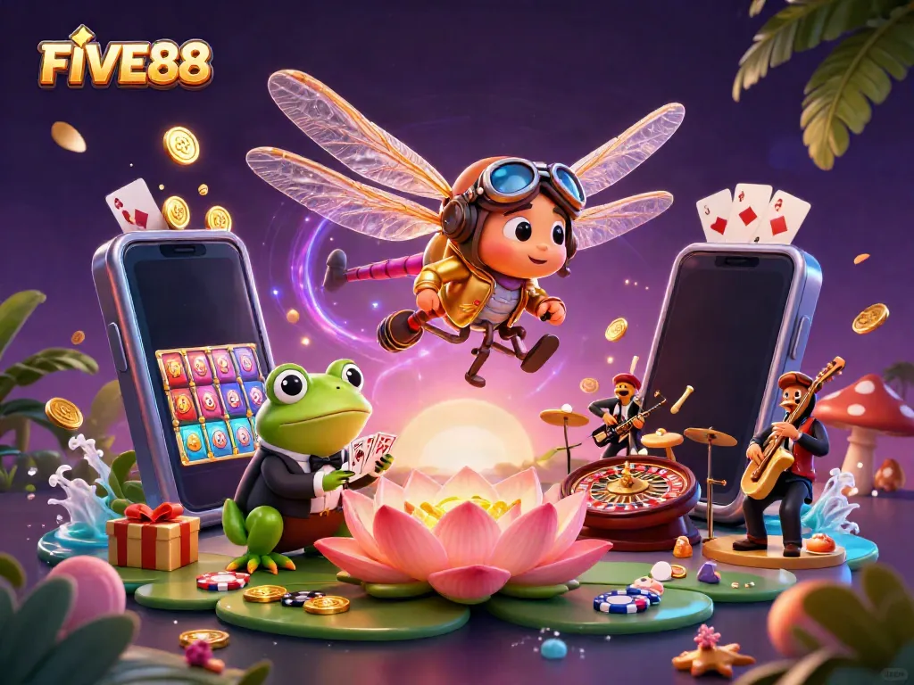 Experience the excitement of FIVE88 with a vibrant dragonfly pilot and frog croupier in action at the lily pad casino.