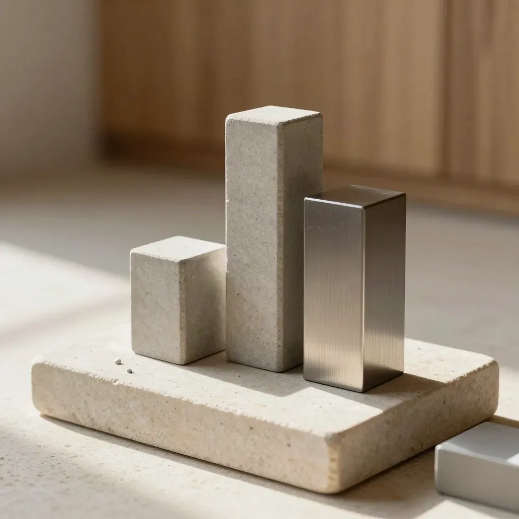 Drei Standortmodelle aus Stein, Beton und Metall auf hellem Sockel im Sonnenlicht.