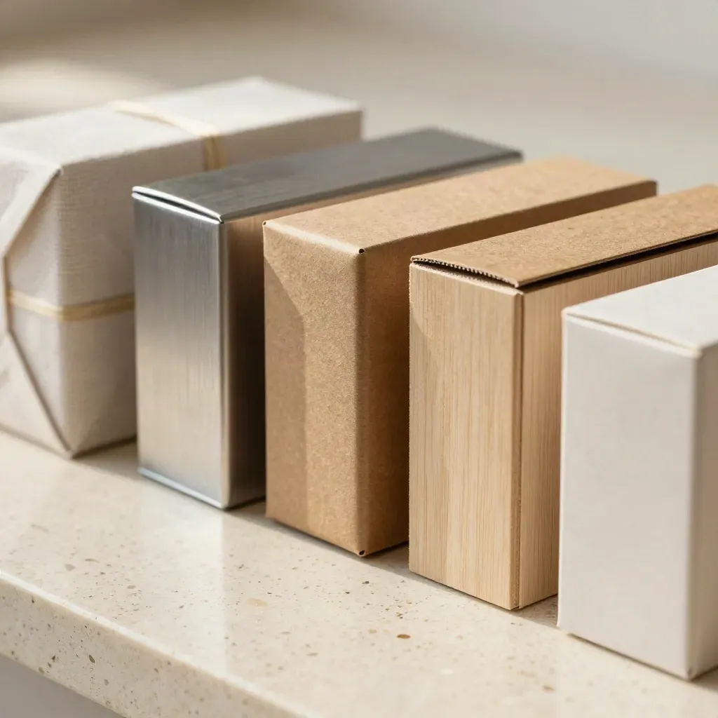 Diagonale Reihe edler Musterboxen auf Travertin, mit warmem Goldlicht und feinem Staub.