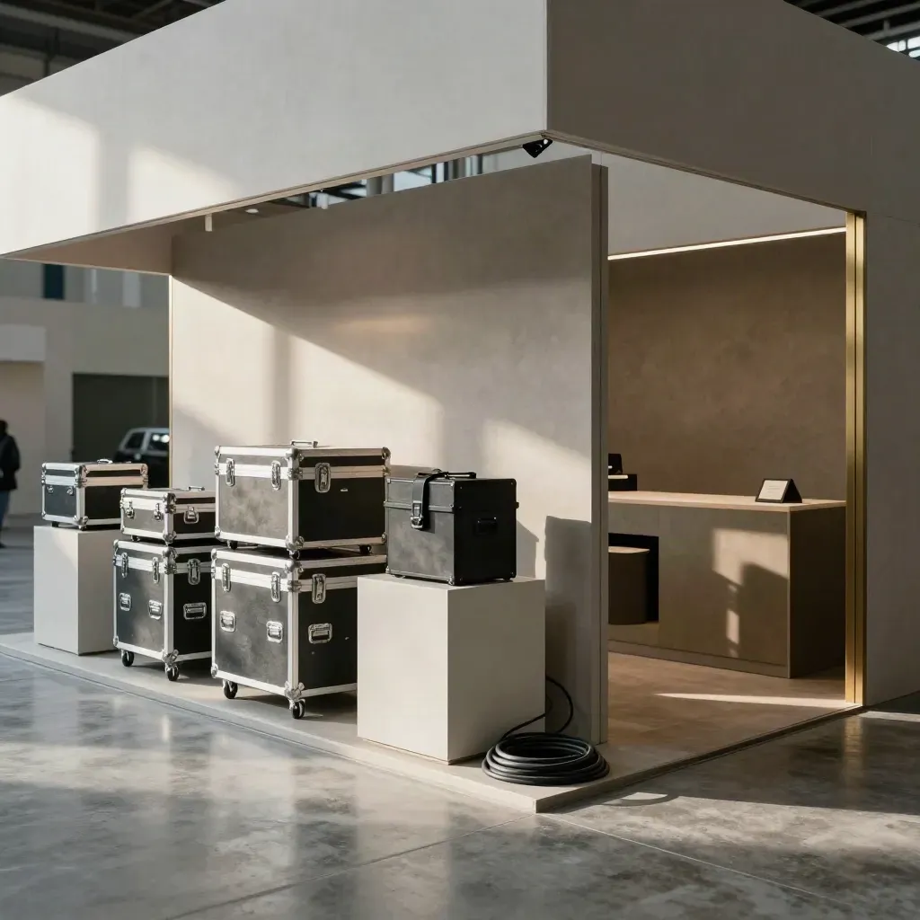 Leerer Messestand in Basel mit Plinths, Cases und leuchtender Wand im Morgenhaze.