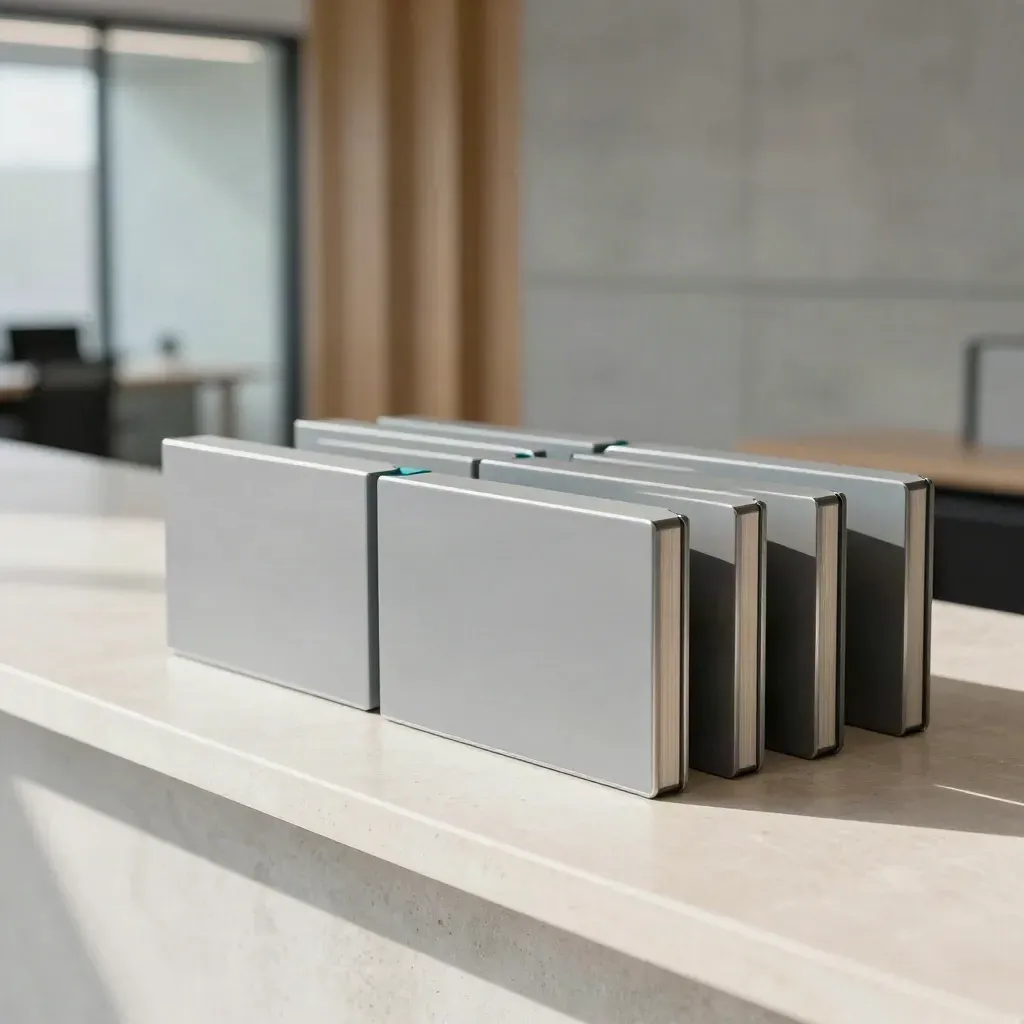 Fünf versiegelte Launch-Kits auf einer hellen Empfangsablage im neuen Coworking-Lobby.