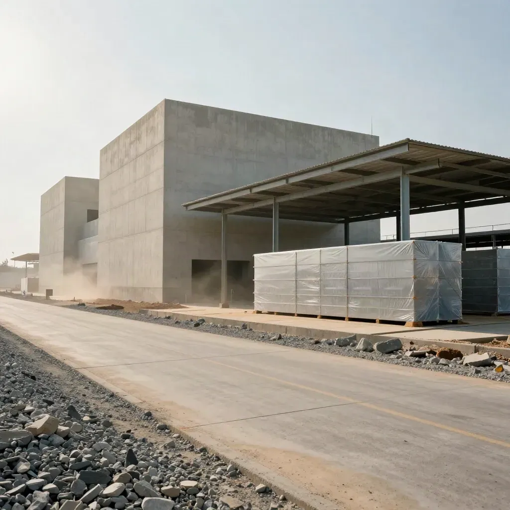 Industriehalle im Bau mit Zufahrtsstraße, Beton und gelagerten Paneelen im Sommerlicht.