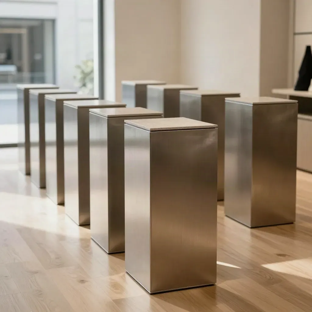 Reihe glänzender Ausstellungs-Podeste in hellem Showroom mit weichem Tageslicht