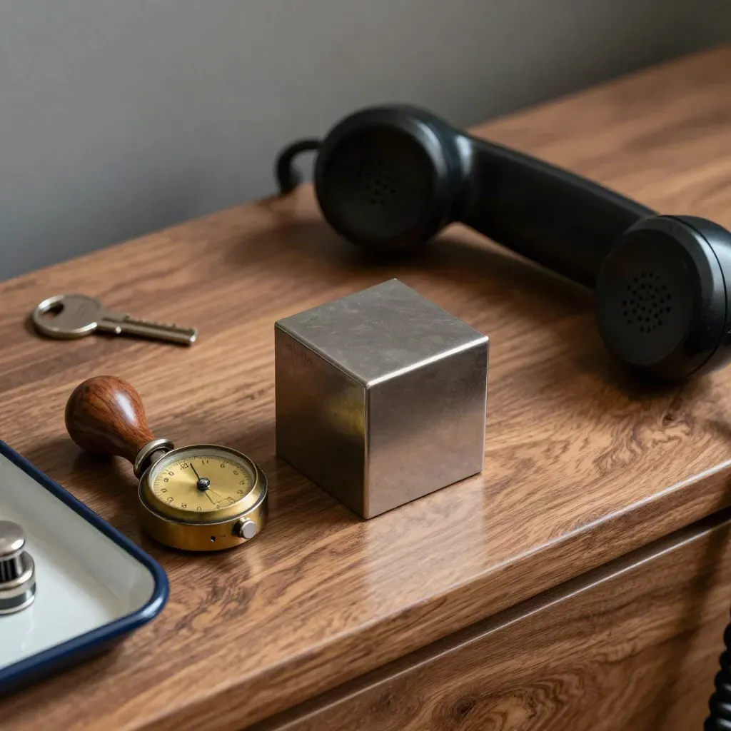 Transitstempel, Metallwürfel und Telefonhörer im dunklen Studio