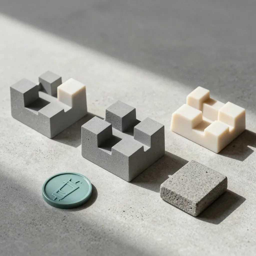 Drei Stadtmodelle, Markttoken und Steinprobe auf Beton in sanftem Seitenlicht.