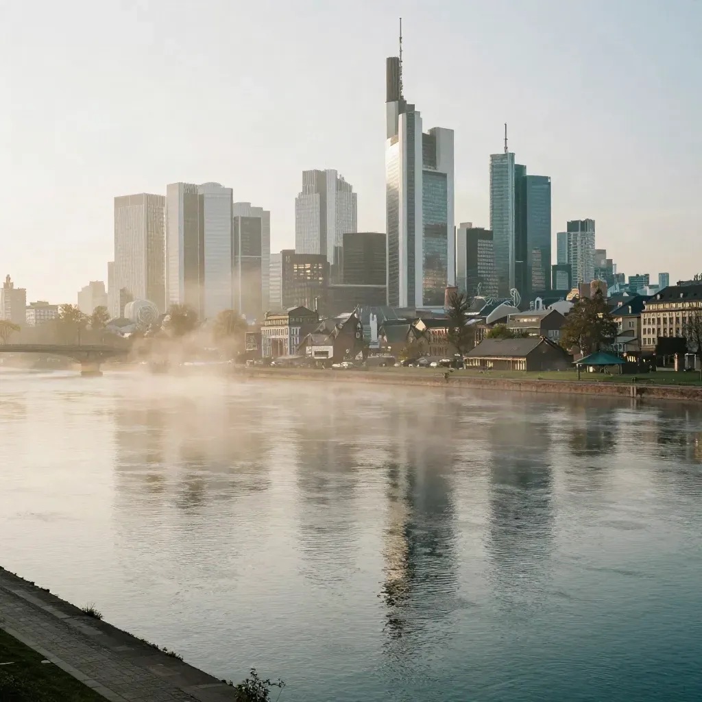 Frankfurter Skyline im Morgennebel über dem ruhigen Mainufer