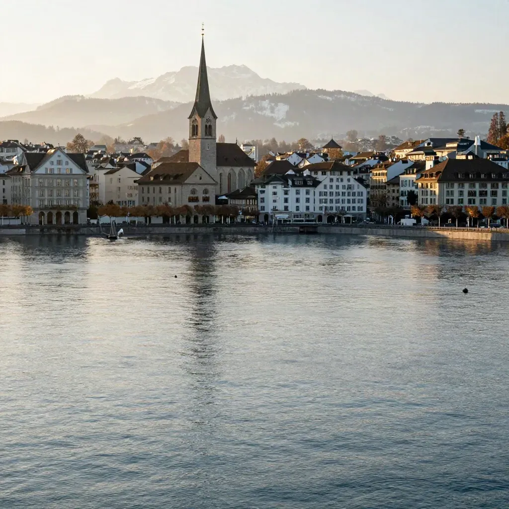 Zürcher Uferlinie am See im Goldlicht mit spiegelglattem Wasser und fernen Alpen
