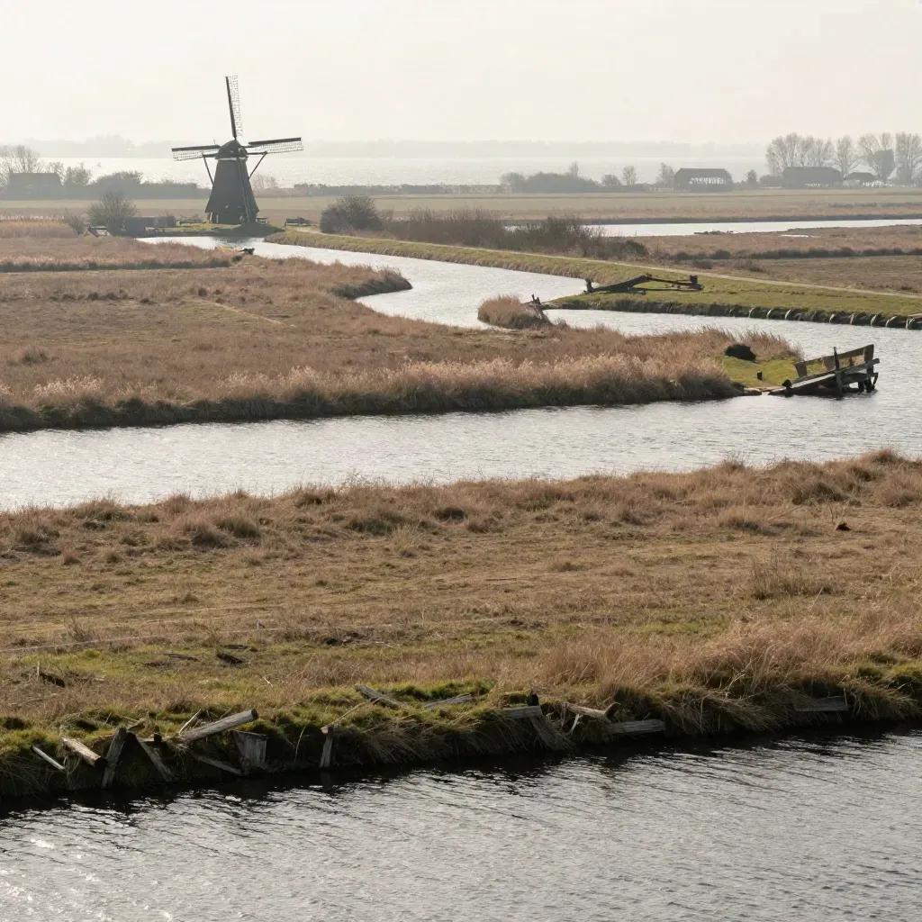 Windmühle über Benelux-Poldern im Morgennebel mit ruhigen Kanälen und Wasserflächen.